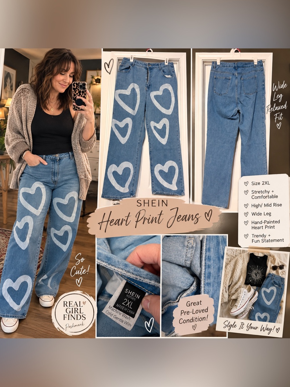 SHEIN Light Blue Denim Jeans with White Heart Prints